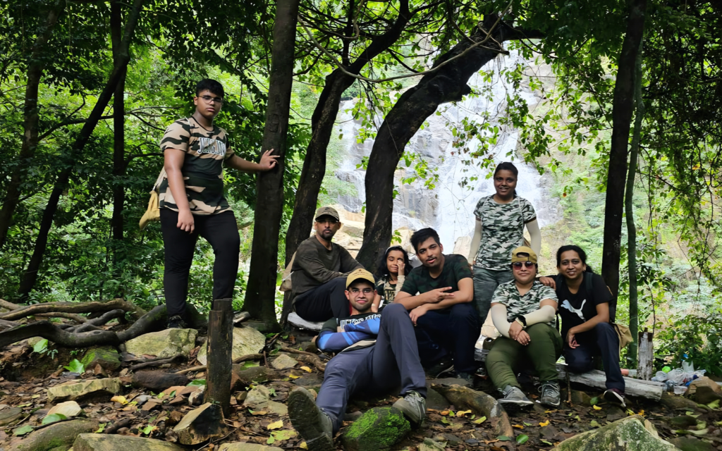 Guests enjoying guided waterfall trek during Goa Herping Monsoon Trail adventure